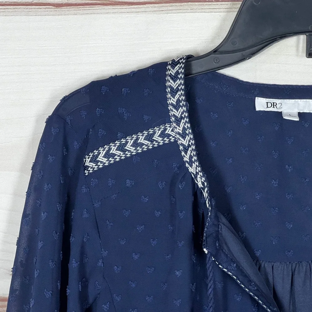 DR2 Chiffon Blouse Womens‎ Large Navy Blue Swiss Dot Embroidered V-Neck Tassel